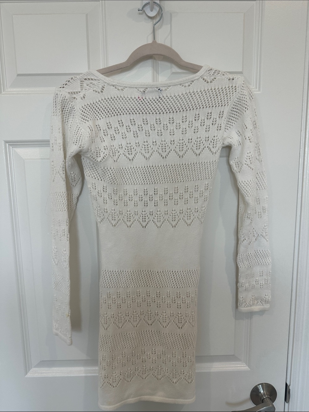 Edikted Cream Long Sleeve Crochet V‑Neck Knit Coverup Dress - Picture 3 of 5
